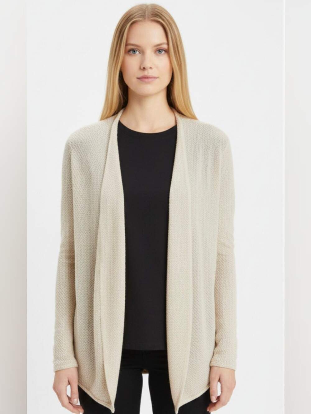 JONES NEW YORK! CREAM & GOLD METALLIC HONEYCOMB STITCHED OPEN CARDI SWEATER! M